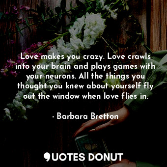 Love makes you crazy. Love crawls into your brain and plays games with your neurons. All the things you thought you knew about yourself fly out the window when love flies in.