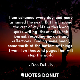 I am ashamed every day, and more ashamed the next.  But I will spend the rest of my life in this living space writing  these notes, this journal, recording my acts and reflections,  finding some honor, some worth at the bottom of things.  I want ten thousand pages that will stop the world.