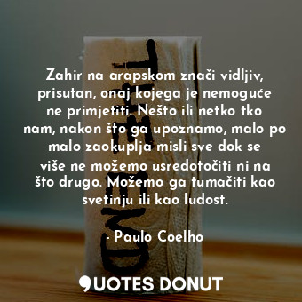 Zahir na arapskom znači vidljiv, prisutan, onaj kojega je nemoguće ne primjetiti. Nešto ili netko tko nam, nakon što ga upoznamo, malo po malo zaokuplja misli sve dok se više ne možemo usredotočiti ni na što drugo. Možemo ga tumačiti kao svetinju ili kao ludost.