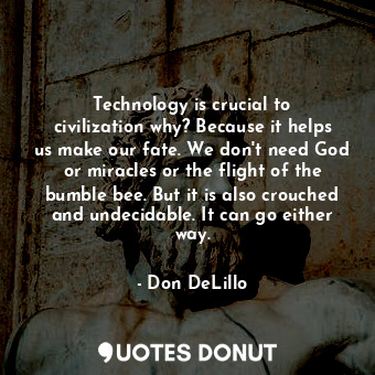 Technology is crucial to civilization why? Because it helps us make our fate. We don't need God or miracles or the flight of the bumble bee. But it is also crouched and undecidable. It can go either way.