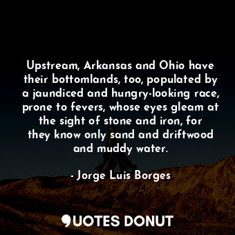 Upstream, Arkansas and Ohio have their bottomlands, too, populated by a jaundiced and hungry-looking race, prone to fevers, whose eyes gleam at the sight of stone and iron, for they know only sand and driftwood and muddy water.