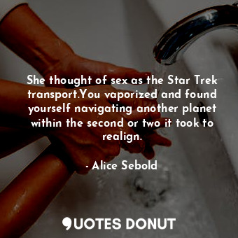 She thought of sex as the Star Trek transport.You vaporized and found yourself navigating another planet within the second or two it took to realign.