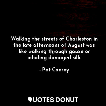 Walking the streets of Charleston in the late afternoons of August was like walking through gauze or inhaling damaged silk.