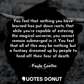 You feel that nothing you have learned has put down roots, that while you’re capable of entering the magical universe, you cannot remain submerged in it. You feel that all of this may be nothing but a fantasy dreamed up by people to fend off their fear of death.