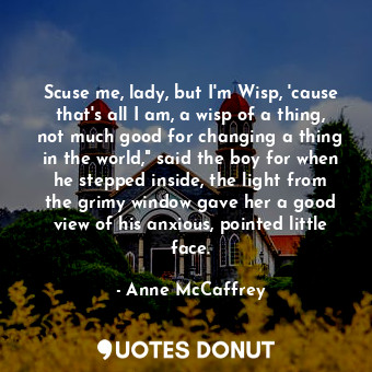 Scuse me, lady, but I'm Wisp, 'cause that's all I am, a wisp of a thing, not much good for changing a thing in the world," said the boy for when he stepped inside, the light from the grimy window gave her a good view of his anxious, pointed little face.