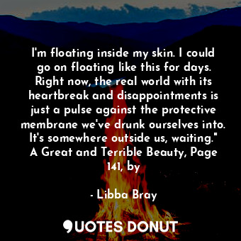 I'm floating inside my skin. I could go on floating like this for days. Right now, the real world with its heartbreak and disappointments is just a pulse against the protective membrane we've drunk ourselves into. It's somewhere outside us, waiting." A Great and Terrible Beauty, Page 141, by