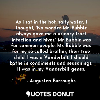 As I sat in the hot, salty water, I thought, 'No wonder Mr. Bubble always gave me a urinary tract infection and hives.' Mr Bubble was for common people. Mr. Bubble was for my so-called brother, their true child. I was a Vanderbilt. I should bathe in condiments and seasonings. It was in my Vanderbilt genes.