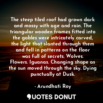 The steep tiled roof had grown dark and mossy with age and rain. The triangular wooden frames fitted into the gables were intricately carved, the light that slanted through them and fell in patterns on the floor was full of secrets. Wolves. Flowers. Iguanas. Changing shape as the sun moved through the sky. Dying punctually at Dusk.