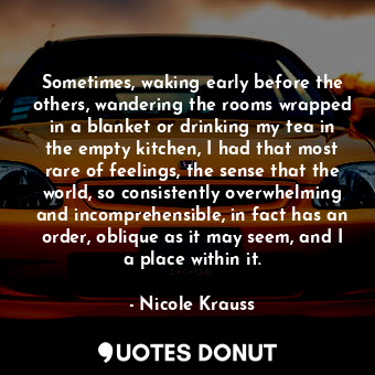 Sometimes, waking early before the others, wandering the rooms wrapped in a blanket or drinking my tea in the empty kitchen, I had that most rare of feelings, the sense that the world, so consistently overwhelming and incomprehensible, in fact has an order, oblique as it may seem, and I a place within it.