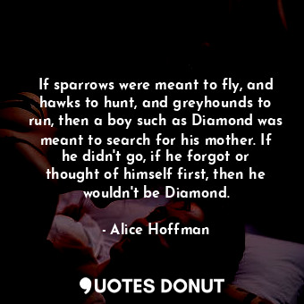 If sparrows were meant to fly, and hawks to hunt, and greyhounds to run, then a boy such as Diamond was meant to search for his mother. If he didn't go, if he forgot or thought of himself first, then he wouldn't be Diamond.