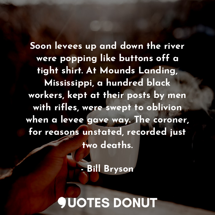 Soon levees up and down the river were popping like buttons off a tight shirt. At Mounds Landing, Mississippi, a hundred black workers, kept at their posts by men with rifles, were swept to oblivion when a levee gave way. The coroner, for reasons unstated, recorded just two deaths.