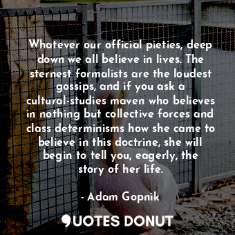  Whatever our official pieties, deep down we all believe in lives. The sternest f... - Adam Gopnik - Quotes Donut