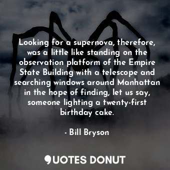 Looking for a supernova, therefore, was a little like standing on the observation platform of the Empire State Building with a telescope and searching windows around Manhattan in the hope of finding, let us say, someone lighting a twenty-first birthday cake.