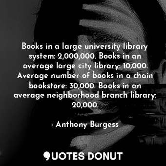 Books in a large university library system: 2,000,000. Books in an average large city library: 10,000. Average number of books in a chain bookstore: 30,000. Books in an average neighborhood branch library: 20,000.