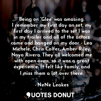 Being on &#39;Glee&#39; was amazing. I remember my first day on set, my first day I arrived to the set I was in my trailer and all of the actors came and banged on my door - Lea Michele, Chris Colfer, Amber Riley, Naya Rivera. They all welcomed me with open arms, so it was a great experience. It felt like family, and I miss them a lot over there.