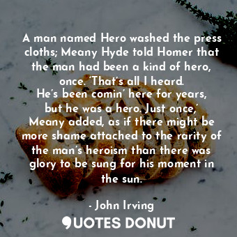 A man named Hero washed the press cloths; Meany Hyde told Homer that the man had been a kind of hero, once. ‘That’s all I heard. He’s been comin’ here for years, but he was a hero. Just once,’ Meany added, as if there might be more shame attached to the rarity of the man’s heroism than there was glory to be sung for his moment in the sun.