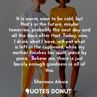 It is warm, soon to be cold, but that's in the future, maybe tomorrow, probably the next day and all the days after that. Today, now, I drink what I have, will eat what is left in the cupboard, while my mother finishes her quilt, piece by piece.  Believe me, there is just barely enough goodness in all of this.