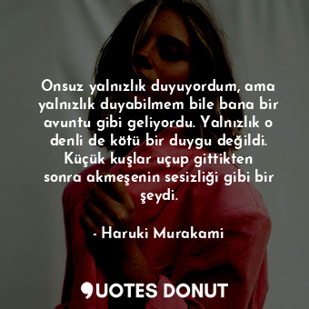 Onsuz yalnızlık duyuyordum, ama yalnızlık duyabilmem bile bana bir avuntu gibi geliyordu. Yalnızlık o denli de kötü bir duygu değildi. Küçük kuşlar uçup gittikten sonra akmeşenin sesizliği gibi bir şeydi.