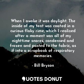  When I awoke it was daylight. The inside of my tent was coated in a curious flak... - Bill Bryson - Quotes Donut