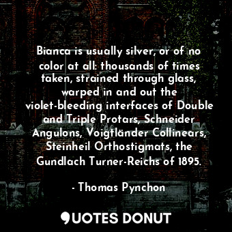 Bianca is usually silver, or of no color at all: thousands of times taken, strained through glass, warped in and out the violet-bleeding interfaces of Double and Triple Protars, Schneider Angulons, Voigtländer Collinears, Steinheil Orthostigmats, the Gundlach Turner-Reichs of 1895.