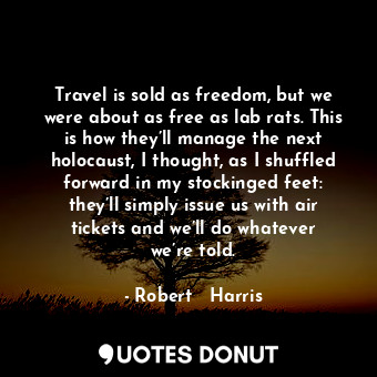 Travel is sold as freedom, but we were about as free as lab rats. This is how they’ll manage the next holocaust, I thought, as I shuffled forward in my stockinged feet: they’ll simply issue us with air tickets and we’ll do whatever we’re told.
