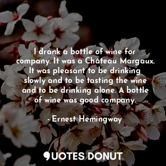 I drank a bottle of wine for company. It was a Château Margaux. It was pleasant to be drinking slowly and to be tasting the wine and to be drinking alone. A bottle of wine was good company.