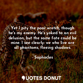 Yet I pity the poor wretch, though he's my enemy. He's yoked to an evil delusion, but the same fate could be mine. I see clearly: we who live are all phantoms, fleeing shadows.