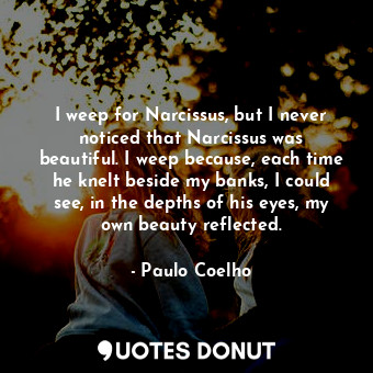 I weep for Narcissus, but I never noticed that Narcissus was beautiful. I weep because, each time he knelt beside my banks, I could see, in the depths of his eyes, my own beauty reflected.