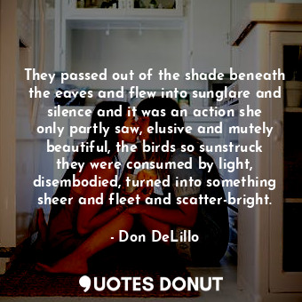  They passed out of the shade beneath the eaves and flew into sunglare and silenc... - Don DeLillo - Quotes Donut