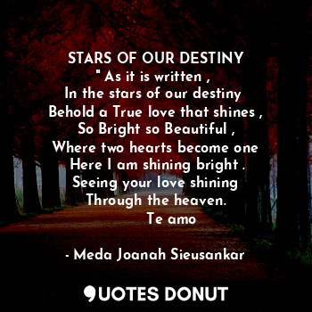 STARS OF OUR DESTINY
" As it is written , 
In the stars of our destiny 
Behold a True love that shines ,
So Bright so Beautiful ,
Where two hearts become one
 Here I am shining bright .
Seeing your love shining
 Through the heaven. 
       Te amo