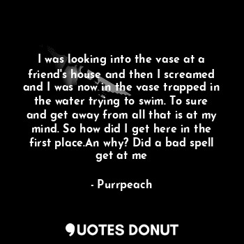 I was looking into the vase at a friend's house and then I screamed and I was now in the vase trapped in the water trying to swim. To sure and get away from all that is at my mind. So how did I get here in the first place.An why? Did a bad spell get at me