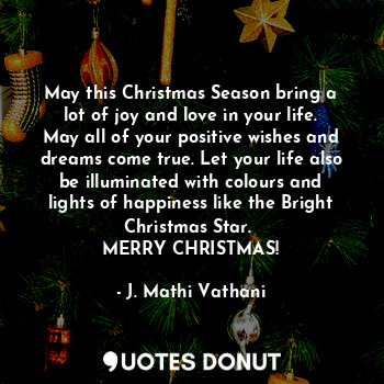May this Christmas Season bring a lot of joy and love in your life. May all of your positive wishes and dreams come true. Let your life also be illuminated with colours and lights of happiness like the Bright Christmas Star. 
MERRY CHRISTMAS!