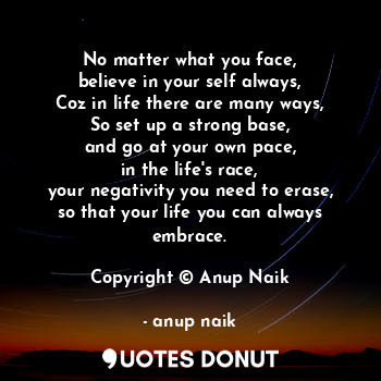 No matter what you face,
believe in your self always,
Coz in life there are many ways,
So set up a strong base,
and go at your own pace,
in the life's race,
your negativity you need to erase,
so that your life you can always embrace.

Copyright © Anup Naik