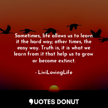 Sometimes, life allows us to learn it the hard way; other times, the easy way. Truth is, it is what we learn from it that help us to grow or become extinct.