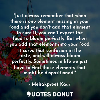 "Just always remember that when there is one element missing in your food and you don't add that element to cure it, you can't expect the food to bloom perfectly. But when you add that element into your food, it cures that confusion in the taste, and will always bloom perfectly. Sometimes in life we just have to find those elements that might be dispositioned."