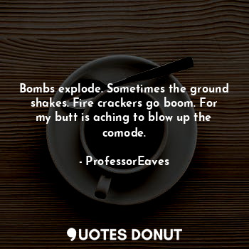 Bombs explode. Sometimes the ground shakes. Fire crackers go boom. For my butt is aching to blow up the comode.