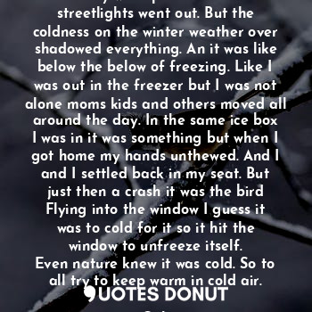 The day was upon us and the streetlights went out. But the coldness on the winter weather over shadowed everything. An it was like below the below of freezing. Like I was out in the freezer but I was not alone moms kids and others moved all around the day. In the same ice box I was in it was something but when I got home my hands unthewed. And I and I settled back in my seat. But just then a crash it was the bird
Flying into the window I guess it was to cold for it so it hit the window to unfreeze itself.
Even nature knew it was cold. So to all try to keep warm in cold air.