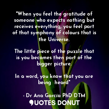 "When you feel the gratitude of someone who expects nothing but receives everything, you feel part of that symphony of colours that is the Universe.

The little piece of the puzzle that is you becomes then part of the bigger picture.

In a word, you know that you are being  heard"