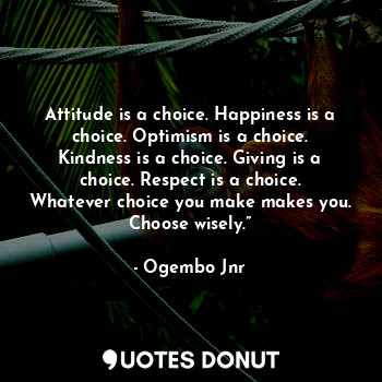 Attitude is a choice. Happiness is a choice. Optimism is a choice. Kindness is a choice. Giving is a choice. Respect is a choice. Whatever choice you make makes you. Choose wisely.”