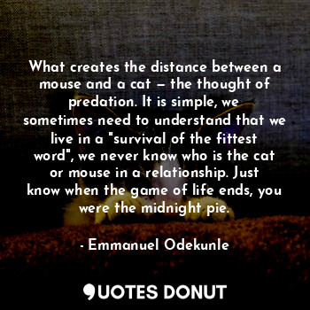 What creates the distance between a mouse and a cat — the thought of predation. It is simple, we sometimes need to understand that we live in a "survival of the fittest word", we never know who is the cat or mouse in a relationship. Just know when the game of life ends, you were the midnight pie.