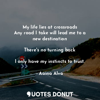 My life lies at crossroads
Any road I take will lead me to a new destination

There's no turning back

I only have my instincts to trust.
