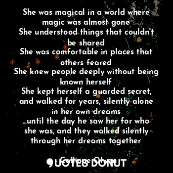 She was magical in a world where magic was almost gone
She understood things that couldn't be shared
She was comfortable in places that others feared
She knew people deeply without being known herself
She kept herself a guarded secret, and walked for years, silently alone in her own dreams
...until the day he saw her for who she was, and they walked silently through her dreams together