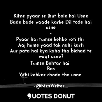 Kitne pyaar se jhut bole hai Usne
Bade bade waade karke Dil tode hai usne
..
Pyaar hai tumse kehke roti thi 
Aaj hume yaad tak nahi karti
Aur pata hai kya kaha tha bichad te waqt usne?
Tumse Behtar hai 
Bas
Yehi kehkar choda tha usne..