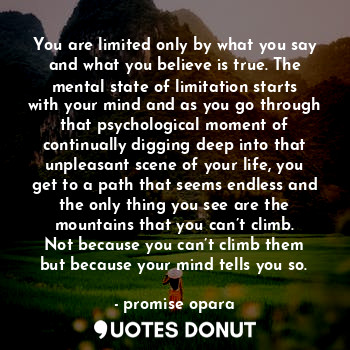 You are limited only by what you say and what you believe is true. The mental state of limitation starts with your mind and as you go through that psychological moment of continually digging deep into that unpleasant scene of your life, you get to a path that seems endless and the only thing you see are the mountains that you can’t climb. Not because you can’t climb them but because your mind tells you so.