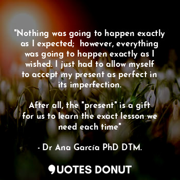 "Nothing was going to happen exactly as I expected;  however, everything was going to happen exactly as I wished. I just had to allow myself to accept my present as perfect in its imperfection.

After all, the "present" is a gift for us to learn the exact lesson we need each time"