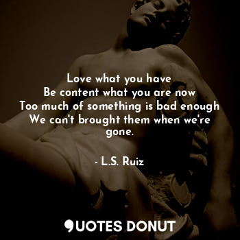  Love what you have
Be content what you are now
Too much of something is bad enou... - L.S. Ruiz - Quotes Donut