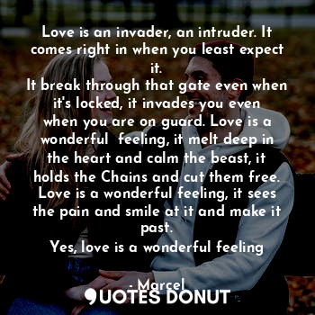 Love is an invader, an intruder. It comes right in when you least expect it.
It break through that gate even when it's locked, it invades you even when you are on guard. Love is a wonderful  feeling, it melt deep in the heart and calm the beast, it holds the Chains and cut them free. Love is a wonderful feeling, it sees the pain and smile at it and make it past.
Yes, love is a wonderful feeling