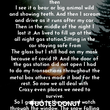 Out the car window I see people looking through the glass in my area. I see the night
And then I see him an I see him run then
I see it a bear or big animal wild and showing teeth. And then I scream and drive as it runs after my car. Then in the middle of the night I lost it .An lived to fill up at the all night gas station.Sitting in the car staying safe from
The glass but I still had on my mask because of covid 19. And the door of the gas station did not open I had to do my transactions throughout the metal box others made it bad for the rest. So now we all deal with
Crazy even places we need to survive.
So I go back to the car and watch through the window. The snow falling oh how it 
Looks cool out side.