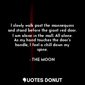 I slowly walk past the mannequins and stand before the giant red door. I am alone in the mall. All alone. As my hand touches the door's handle, I feel a chill down my spine.