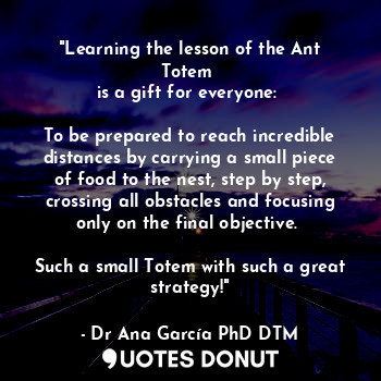 "Learning the lesson of the Ant Totem 
is a gift for everyone: 

To be prepared to reach incredible distances by carrying a small piece of food to the nest, step by step, crossing all obstacles and focusing only on the final objective. 

Such a small Totem with such a great strategy!"